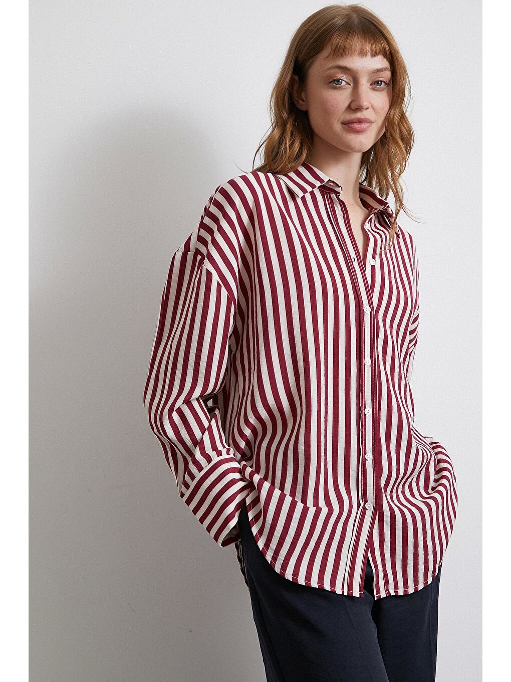 Çizgili T Kol Gömlek Bordo-4