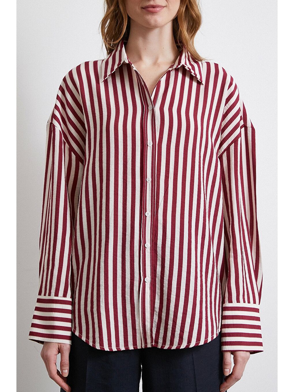Çizgili T Kol Gömlek Bordo-5