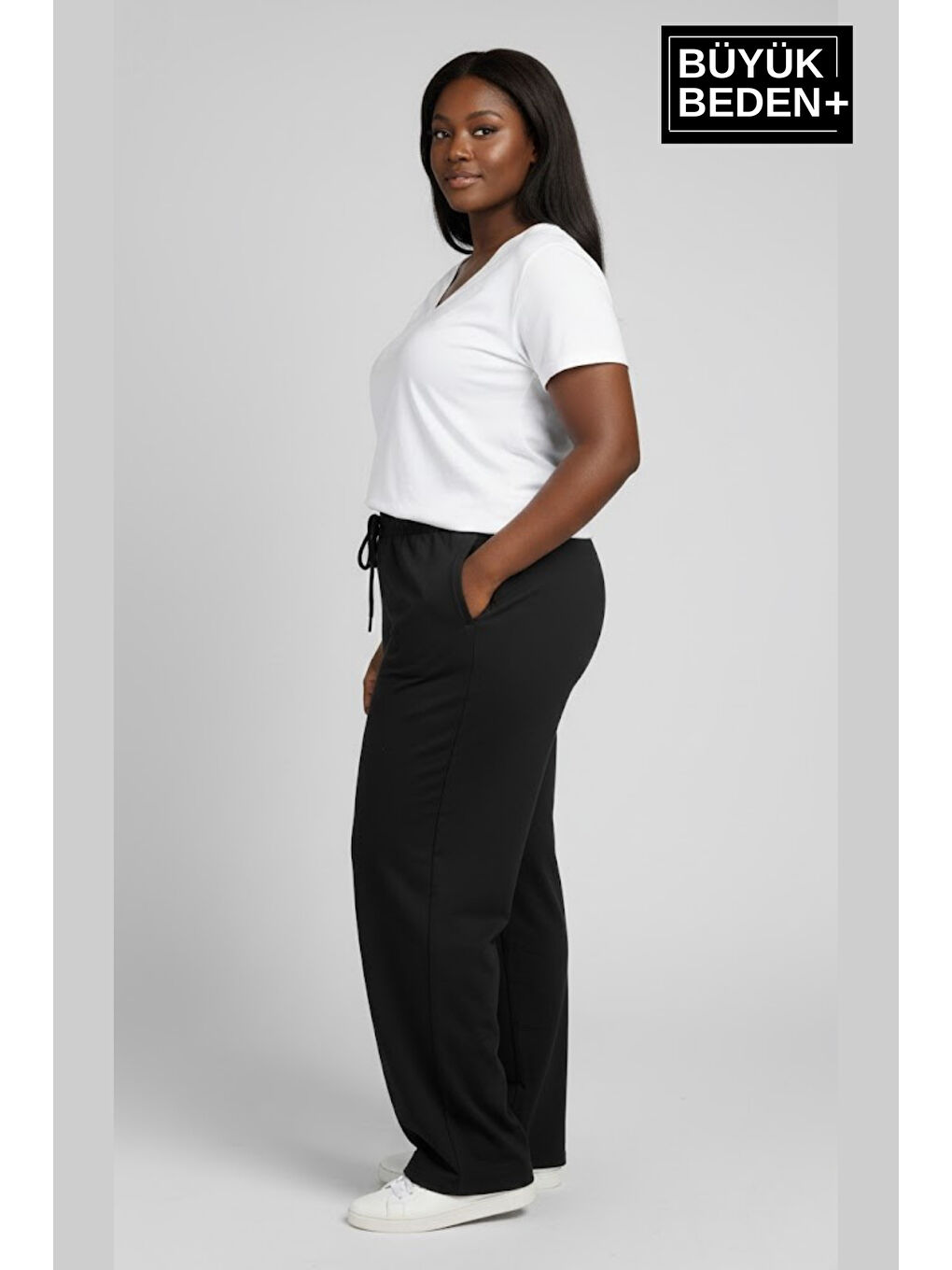 Siyah Kadın Büyük Beden Rahat Kesim Lastikli Bel Paça Reçmeli Eşofman Altı SPR26EAK952-1