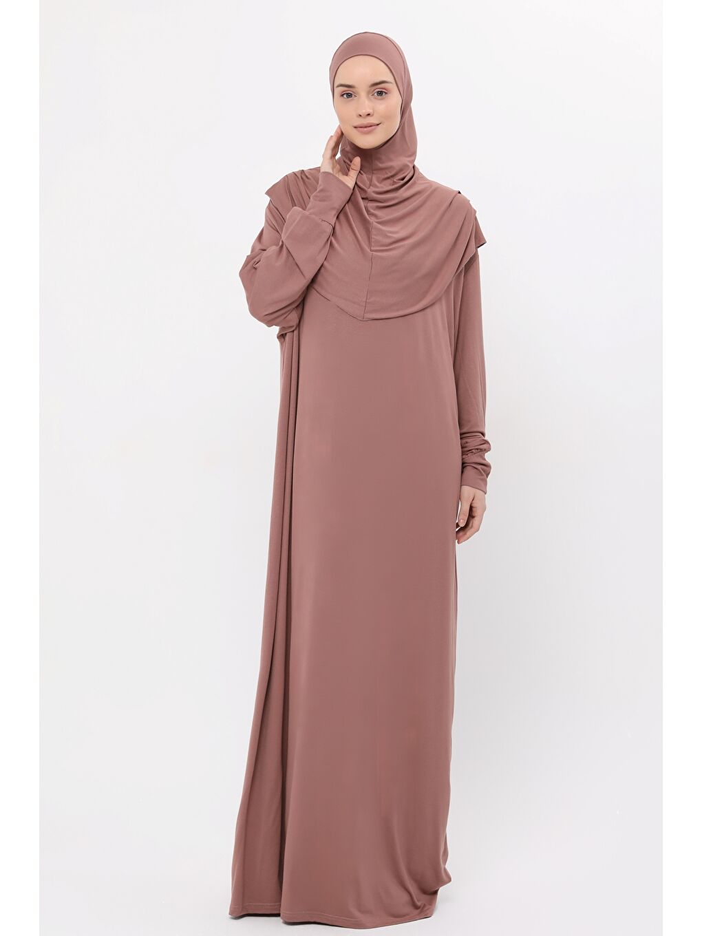 Kahverengi Tek Parça Pamuklu Yarasa Kollu Tak Çıkar Başörtülü Organik Terletmez  Elbise-5