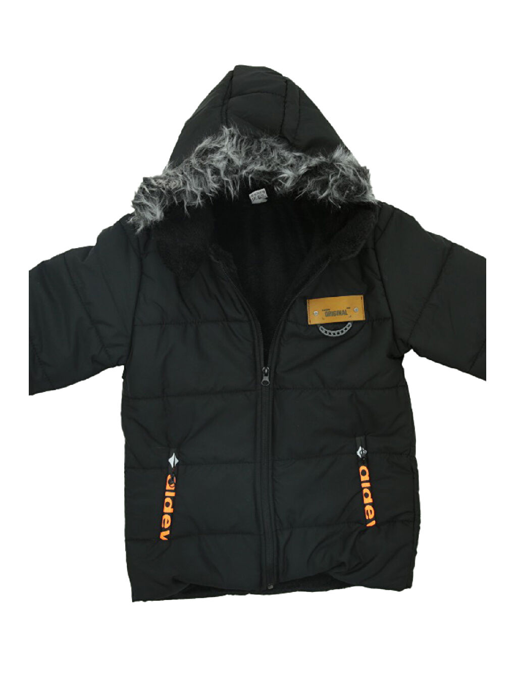 Siyah Erkek Çocuk İçi Pelüş Astarlı-Kürk Kapüşonlu-Fermuarlı Mont 12369-1