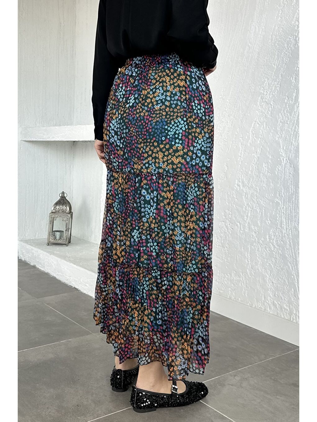 Lacivert Bel Lastikli Desenli Şifon Tesettür Etek-5