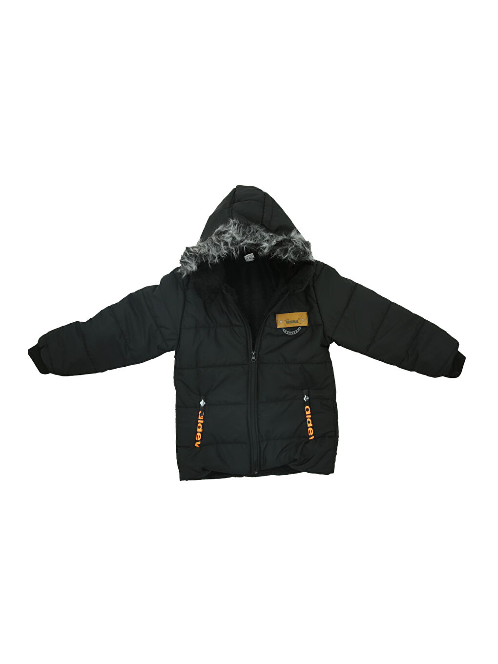 Siyah Erkek Çocuk İçi Pelüş Astarlı-Kürk Kapüşonlu-Fermuarlı Mont 12369-2