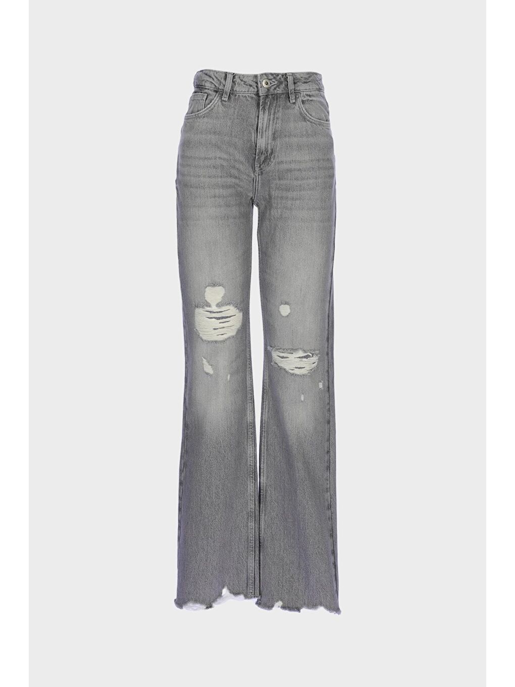 Açık Gri Yüksek Bel Patı Fermuarlı Yıpratmalı Vintage Straight Fit Jean Pantolon C 4931-010
