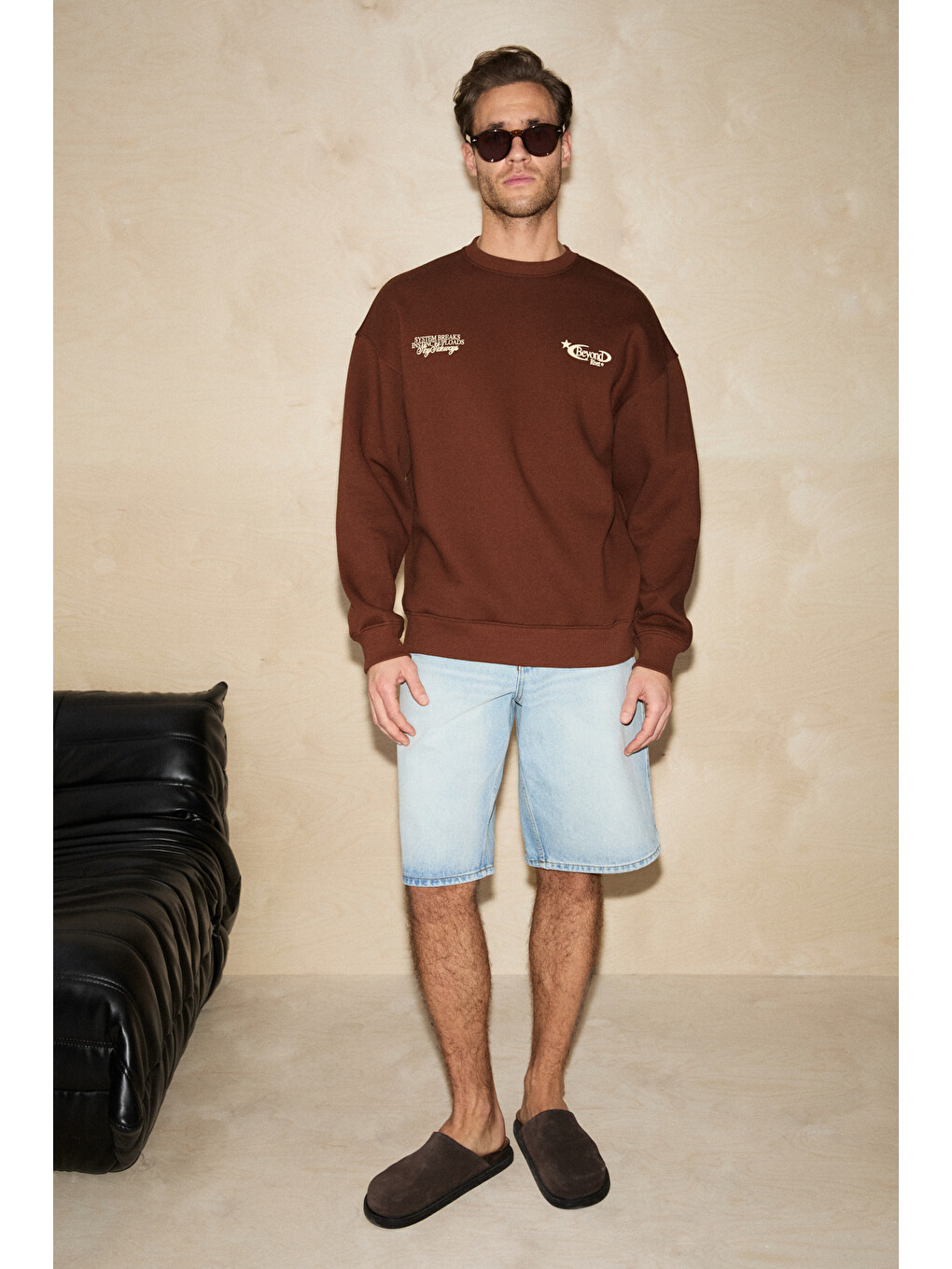 Rıvet Erkek Organik Pamuklu İçi Polarlı Baskılı Bisiklet Yaka Regular Kahverengi Sweatshirt-4