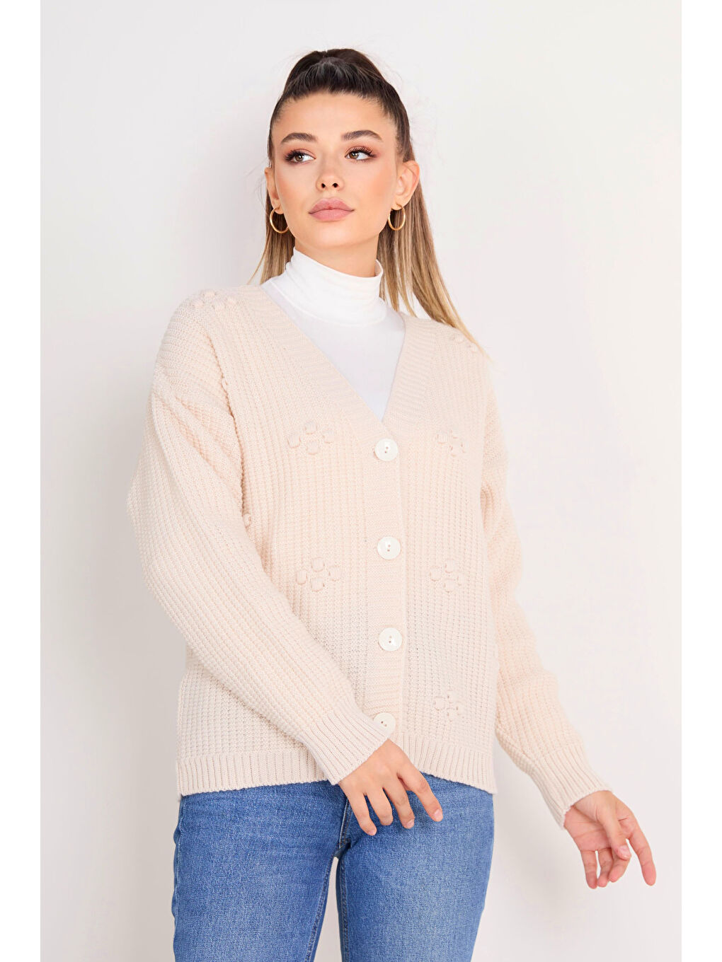 Ekru Düğmeli Triko Hırka Krem - 27661-2
