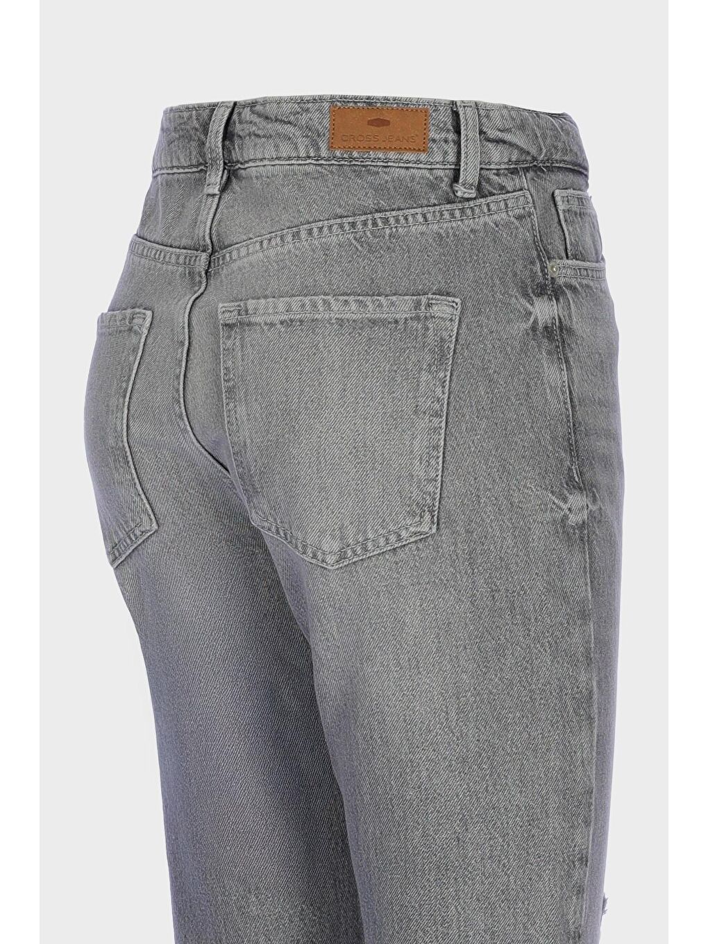 Açık Gri Yüksek Bel Patı Fermuarlı Yıpratmalı Vintage Straight Fit Jean Pantolon C 4931-010-2