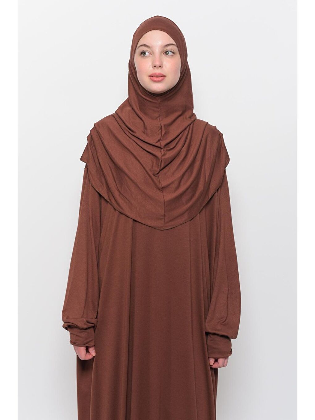 Kahverengi Tek Parça Pamuklu Yarasa Kollu Tak Çıkar Başörtülü Organik Terletmez  Elbise-1
