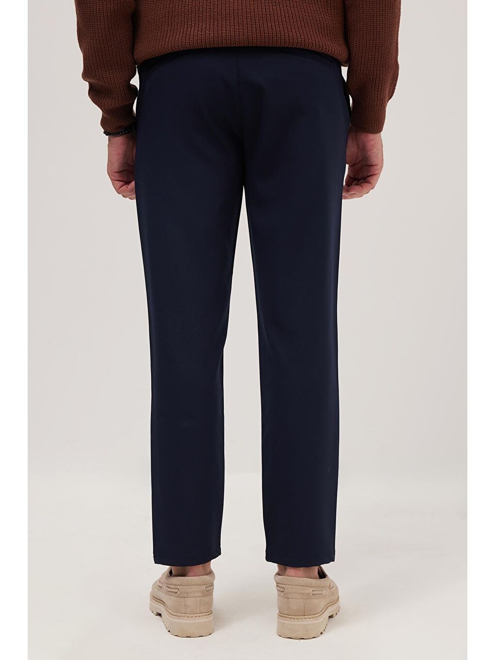 Erkek Slim Fit Dar Kesim Lastikli Bel Bağcık Detaylı Pileli Lacivert Pantolon-6