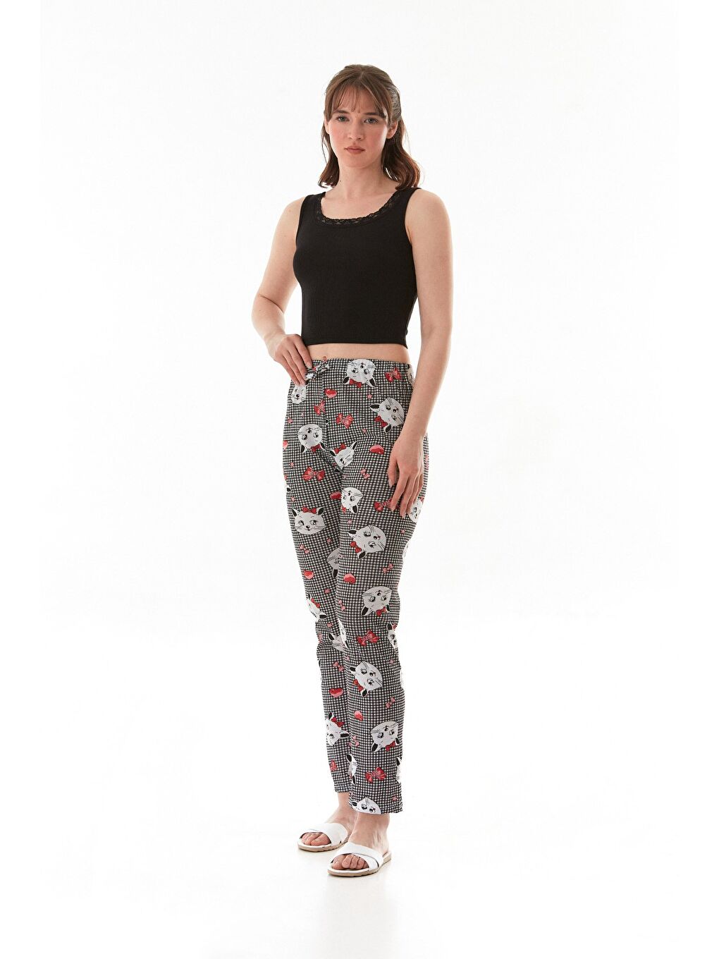 Siyah Ayıcık Baskılı Ekose Pijama Altı