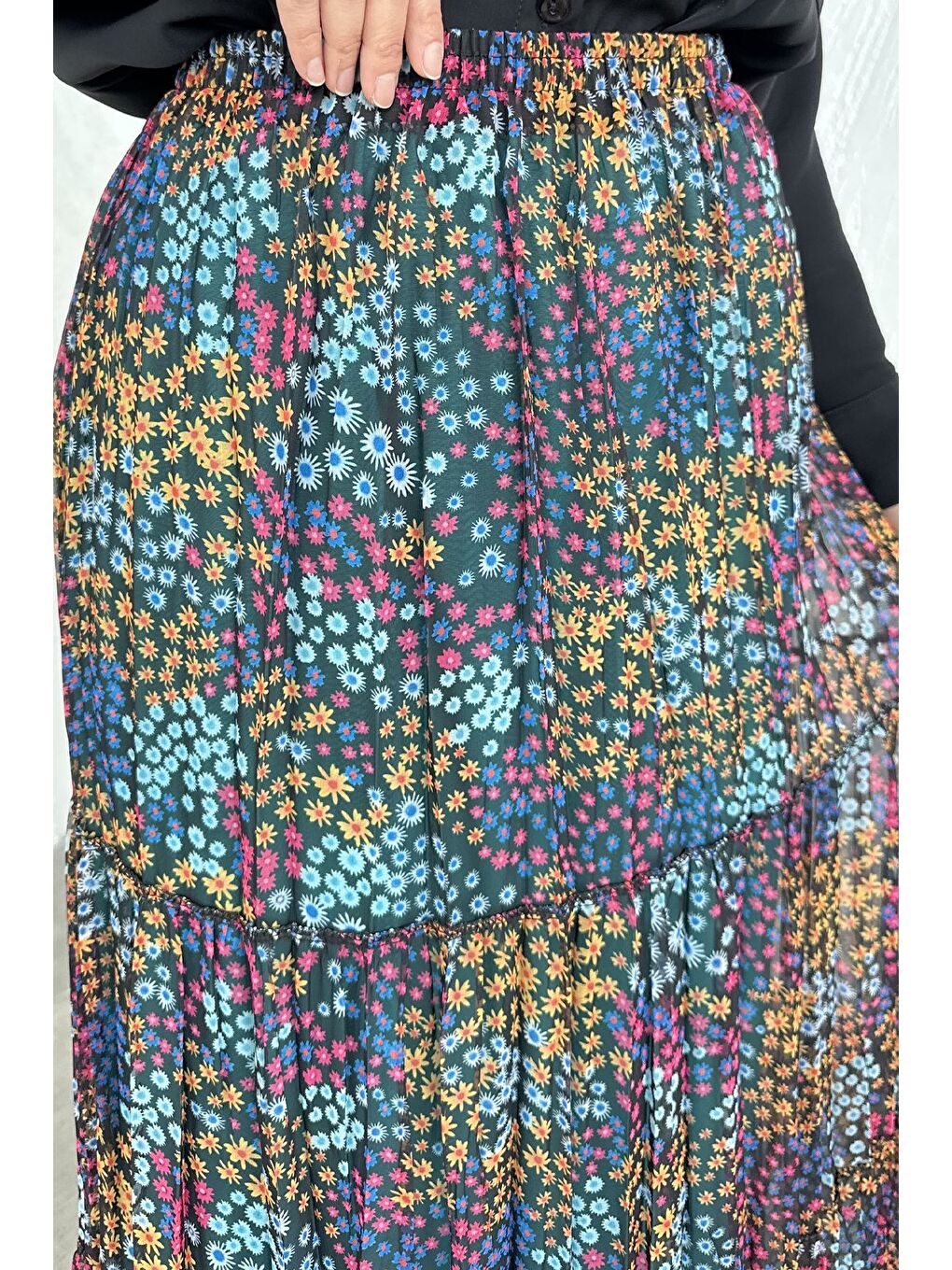 Lacivert Bel Lastikli Desenli Şifon Tesettür Etek-6