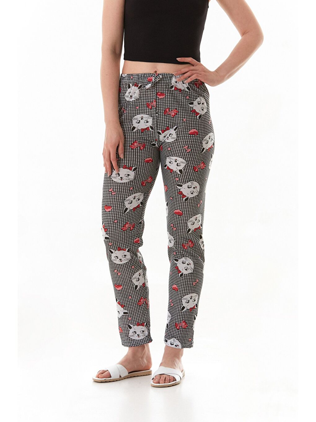 Siyah Ayıcık Baskılı Ekose Pijama Altı-1