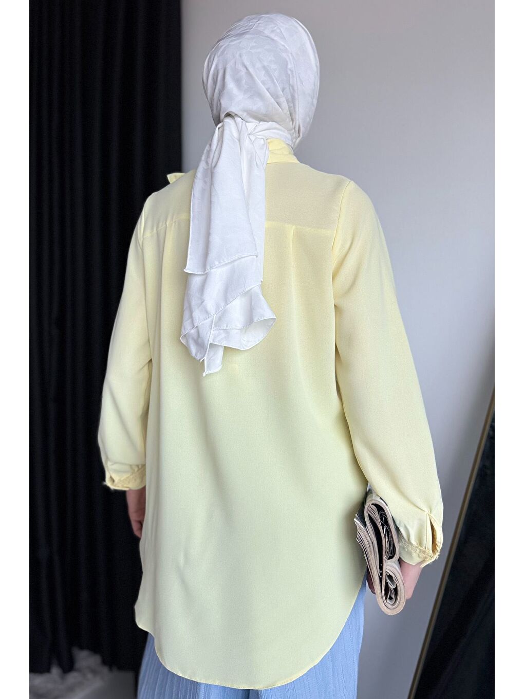Sarı Güpür Detaylı Fırfırlı Tesettür Gömlek-6