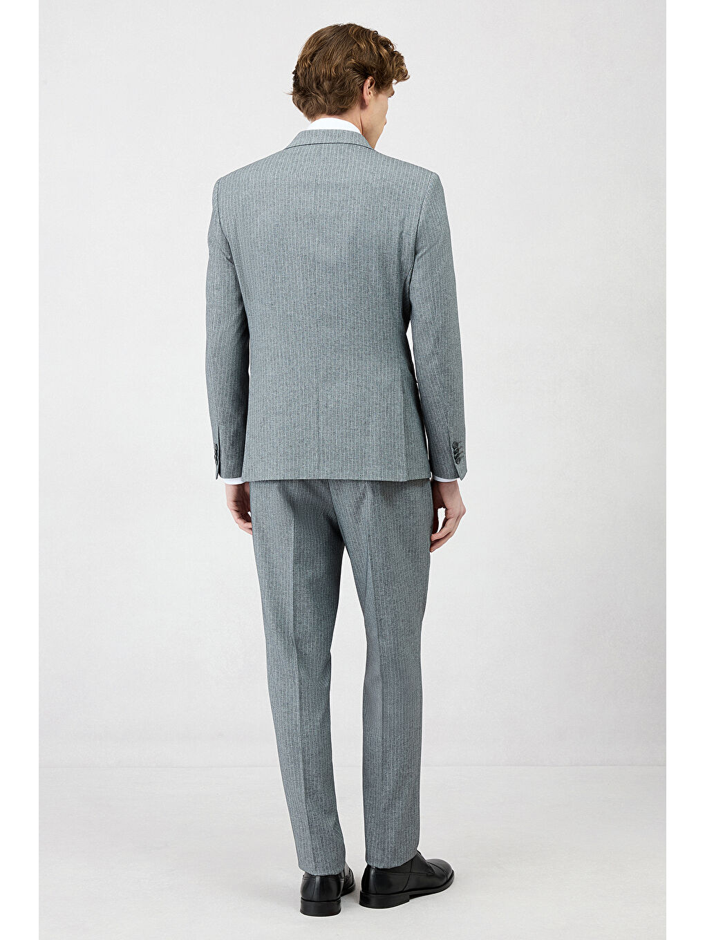 Gri 7 Drop Super Slim Fit Eksra Dar Kesim Sivri Yaka Beli Lastikli İpli Çizgili Kruvaze Takım Elbise-5