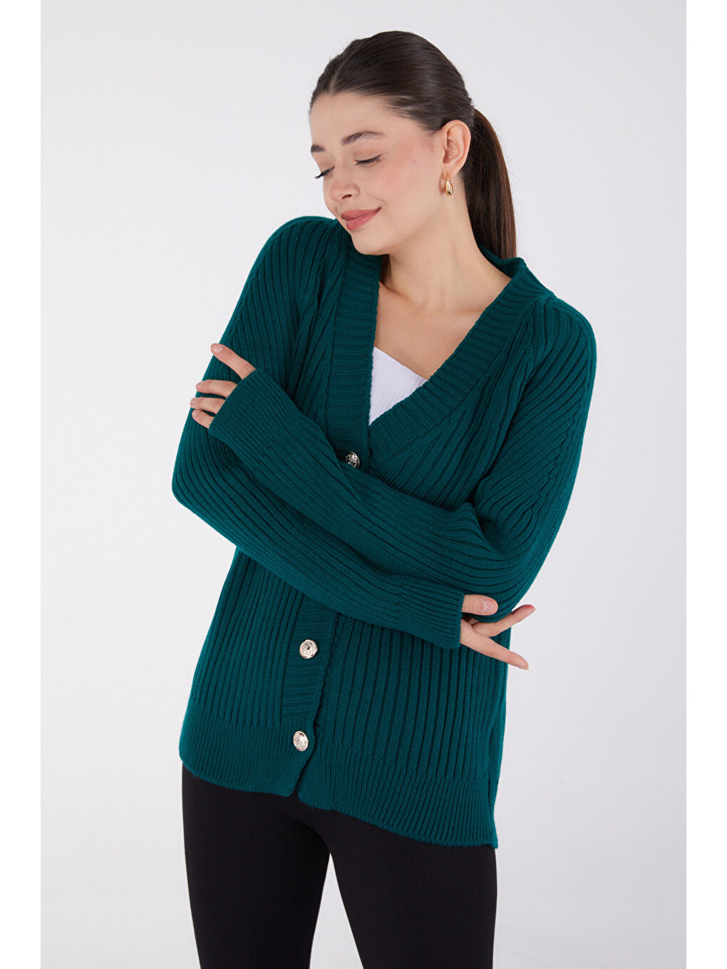 Yeşil Düğmeli Fitilli Triko Hırka Zumrut - 27665-2
