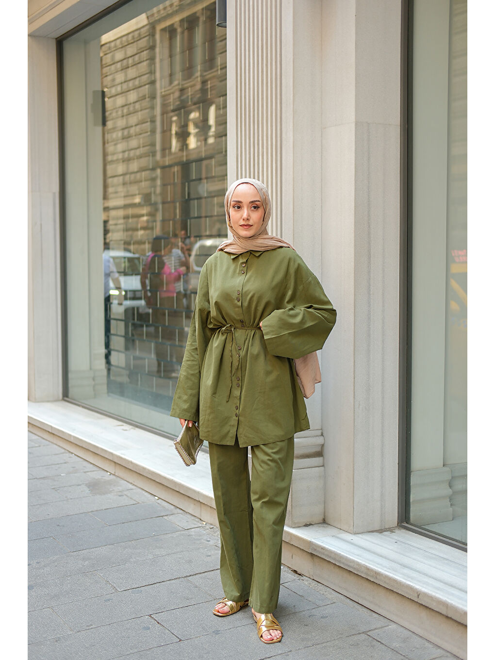 Kadın Çift Düğme Detaylı Takım Haki Yeşil-2