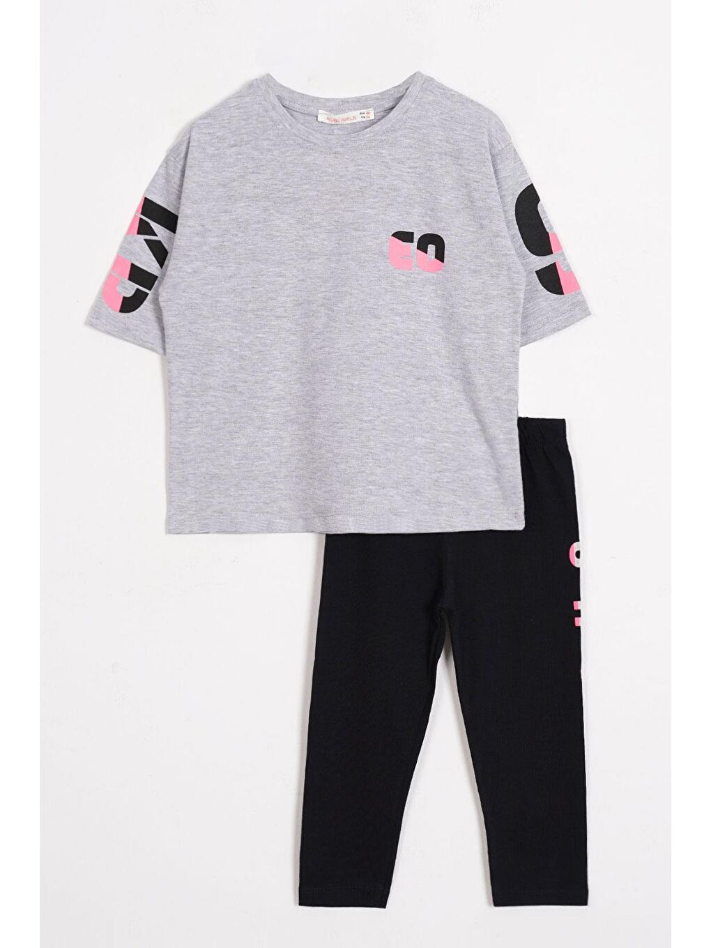 Kısa Kol Yazı Gri Melanj Renk Kız Çocuk Taytlı Takım
