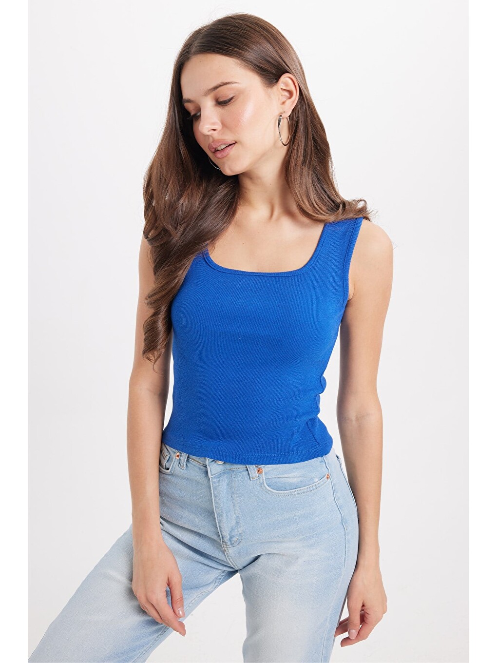 Kadın Slim Fit Dar Kesim Askılı Kare Yaka Pamuklu Saks Mavi Crop Atlet-3