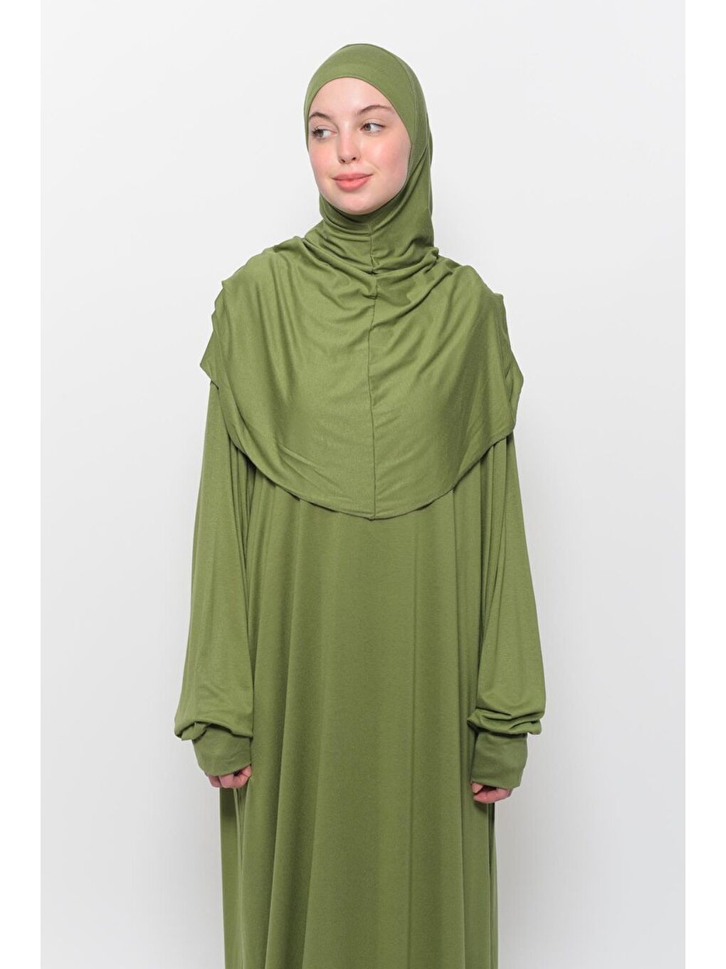 Yeşil Tek Parça Pamuklu Yarasa Kollu Tak Çıkar Başörtülü Organik Terletmez  Elbise-1