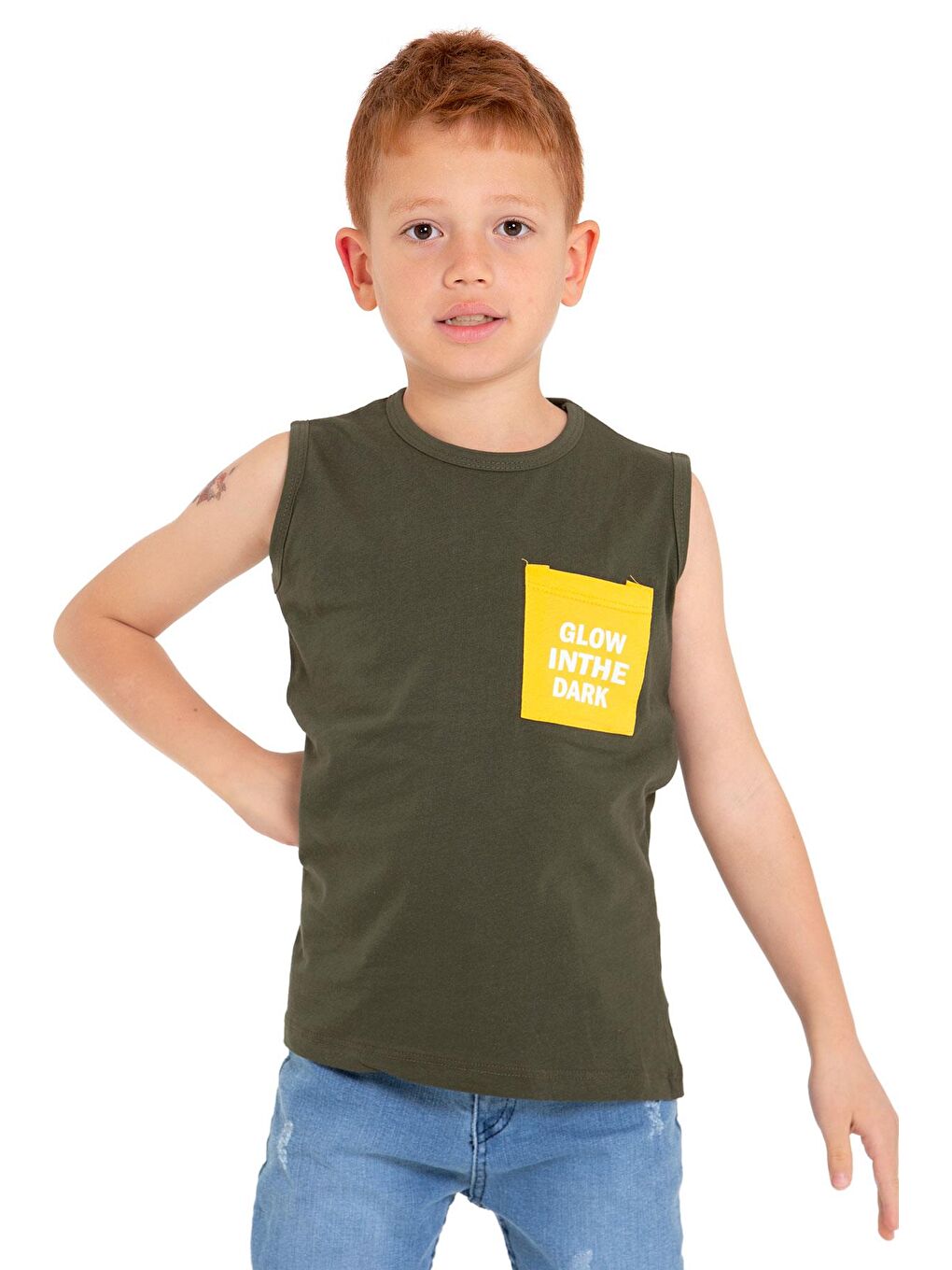 Sıfır Kol Baskılı Haki Renk Erkek Çocuk Tshirt