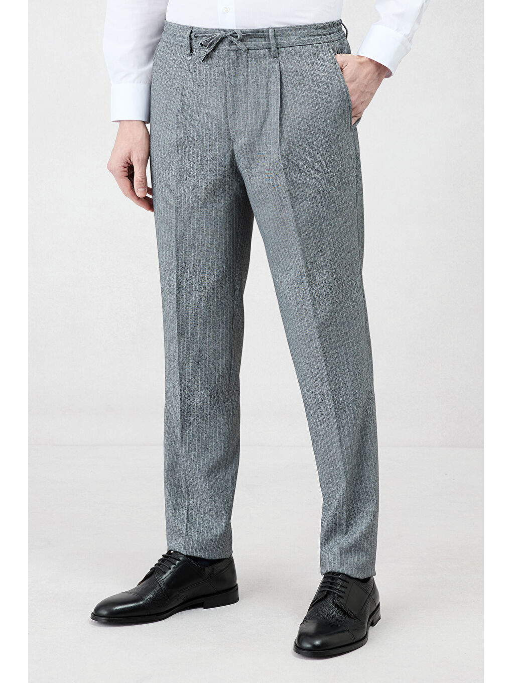 Gri 7 Drop Super Slim Fit Eksra Dar Kesim Sivri Yaka Beli Lastikli İpli Çizgili Kruvaze Takım Elbise-6