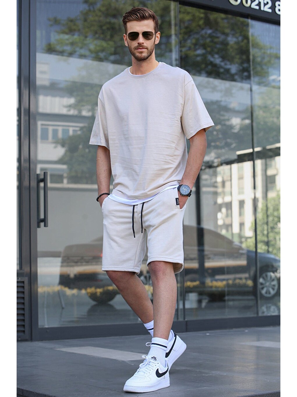 Bej Oversize Erkek Şort Takımı 5668