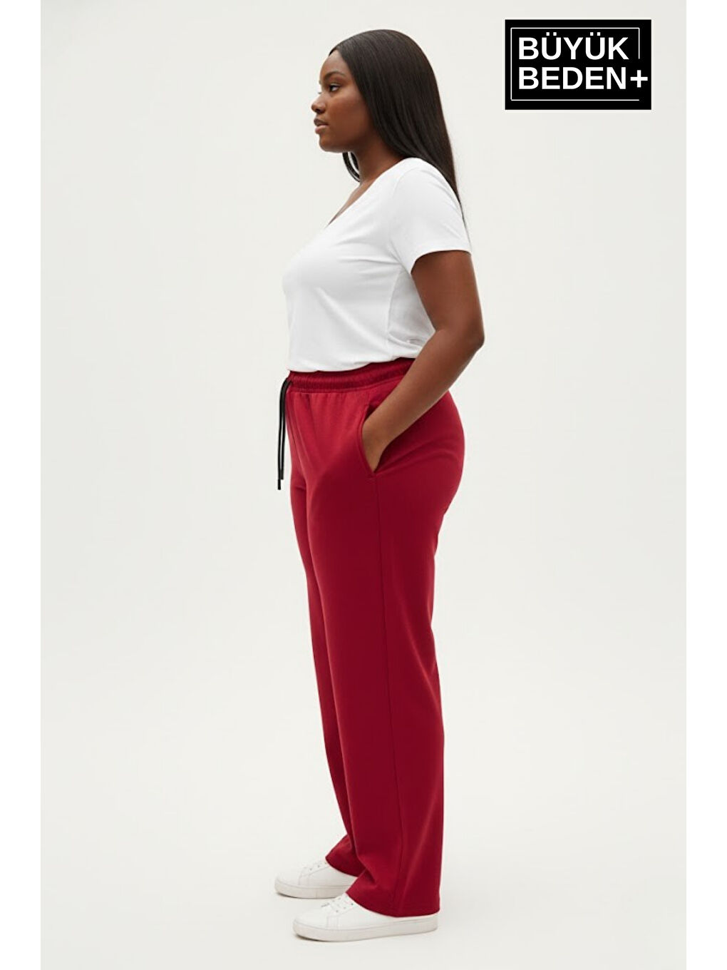 Bordo Kadın Büyük Beden Rahat Kesim Lastikli Bel Paça Reçmeli Eşofman Altı SPR26EAK952-2
