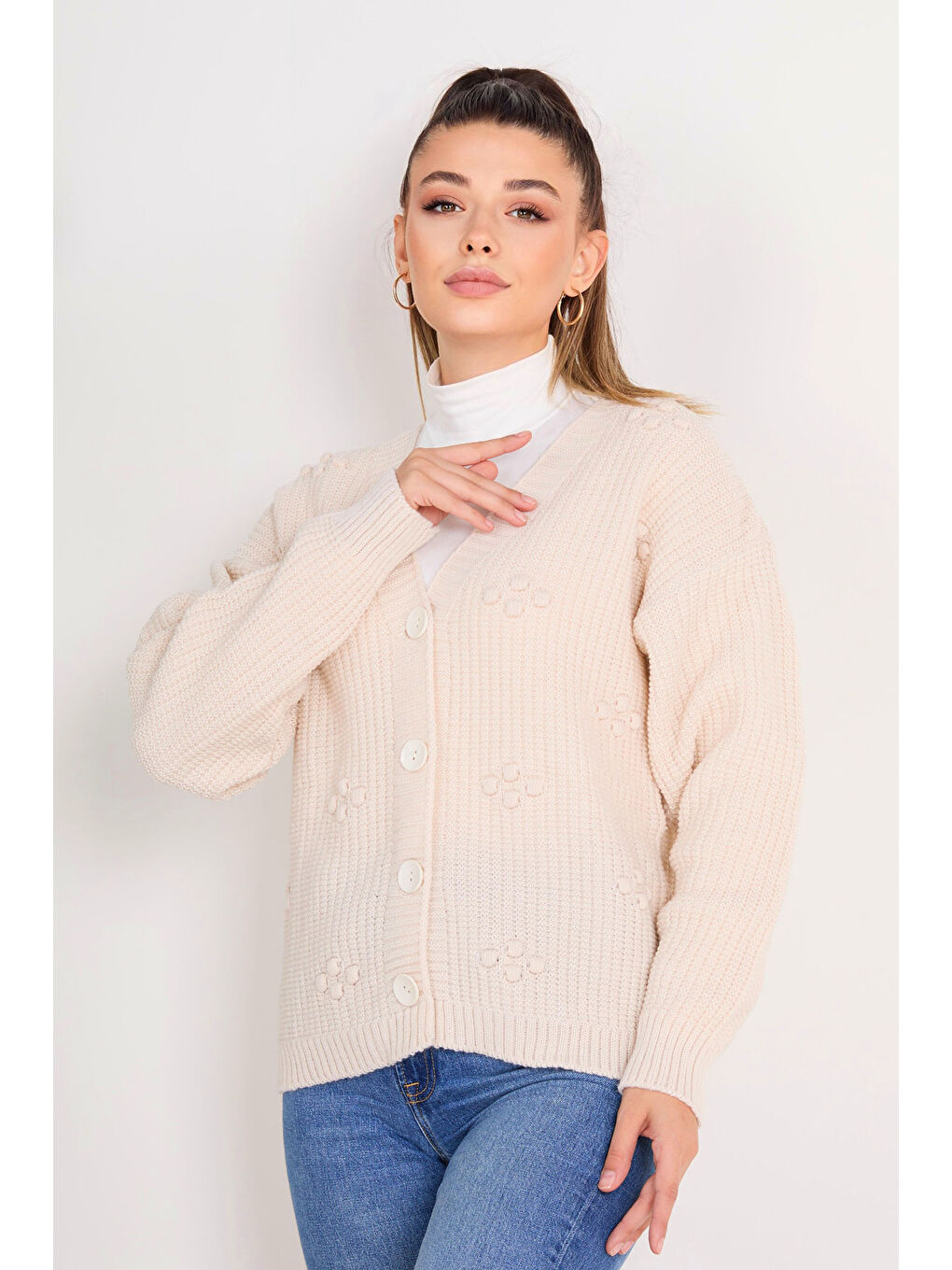 Ekru Düğmeli Triko Hırka Krem - 27661-3