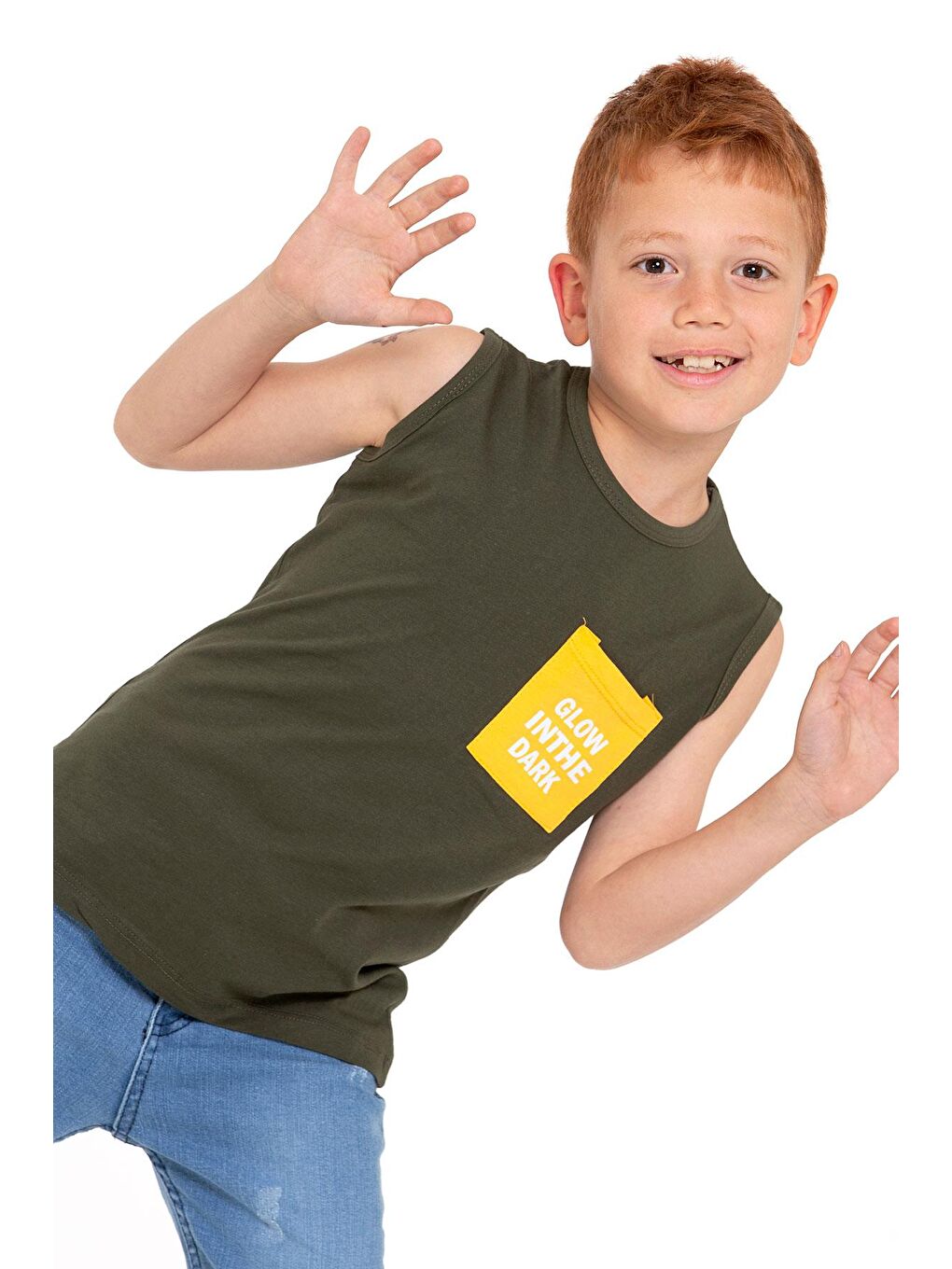 Sıfır Kol Baskılı Haki Renk Erkek Çocuk Tshirt-1