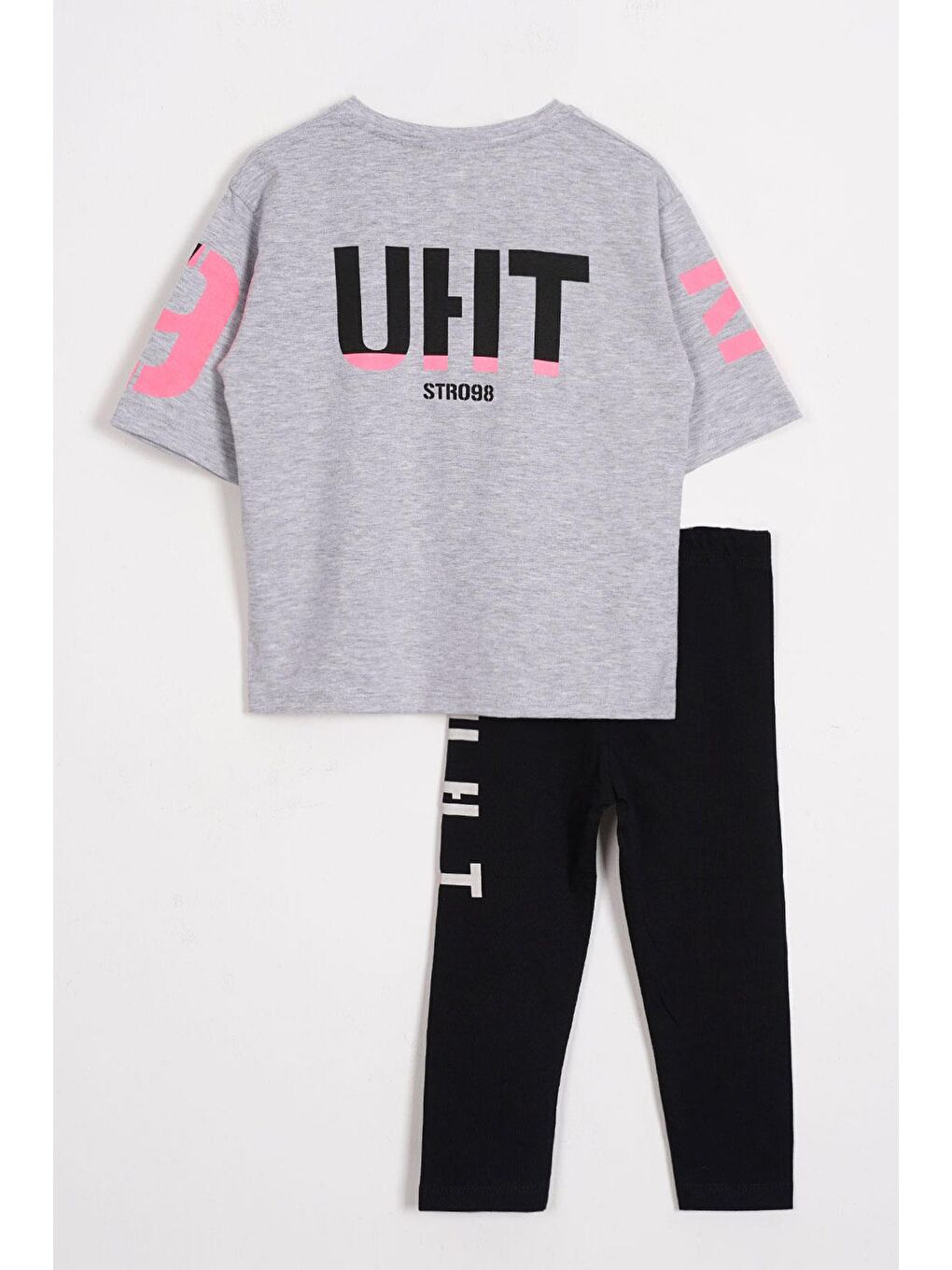 Kısa Kol Yazı Gri Melanj Renk Kız Çocuk Taytlı Takım-2