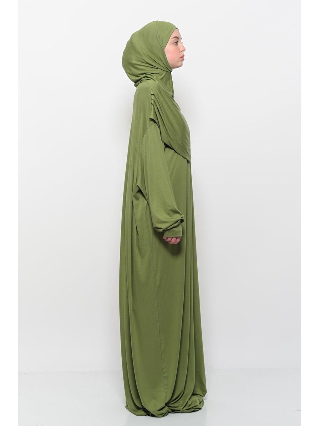 Yeşil Tek Parça Pamuklu Yarasa Kollu Tak Çıkar Başörtülü Organik Terletmez  Elbise-2
