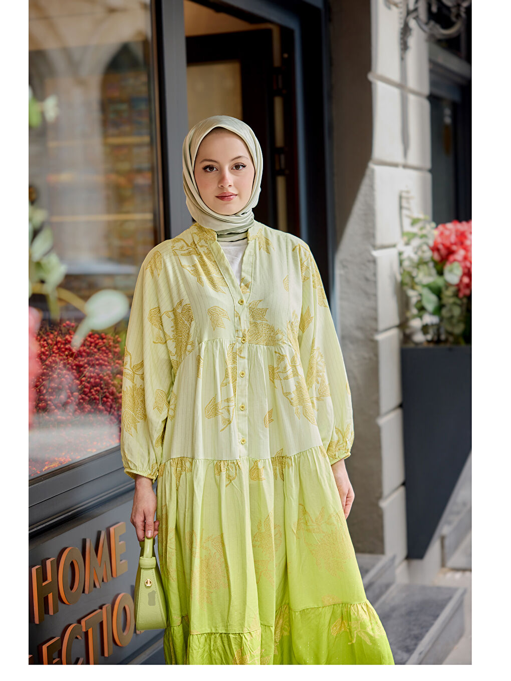 Kadın Yaldız Yaprak Desenli Elbise Fıstık Yeşil-2