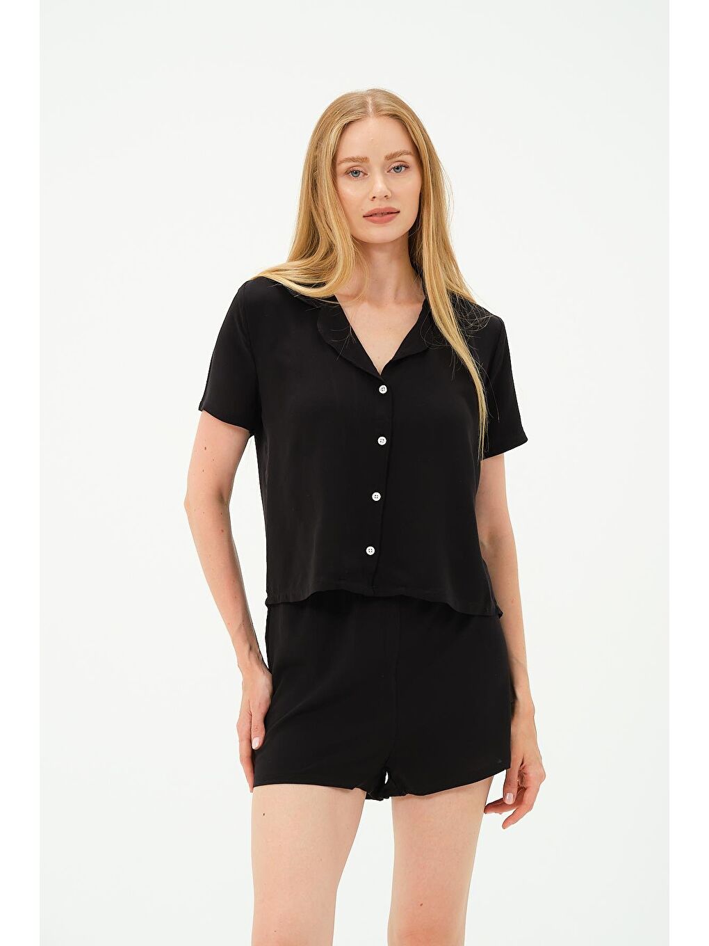 Viskon Gömlek Şort Takım 9156 Siyah