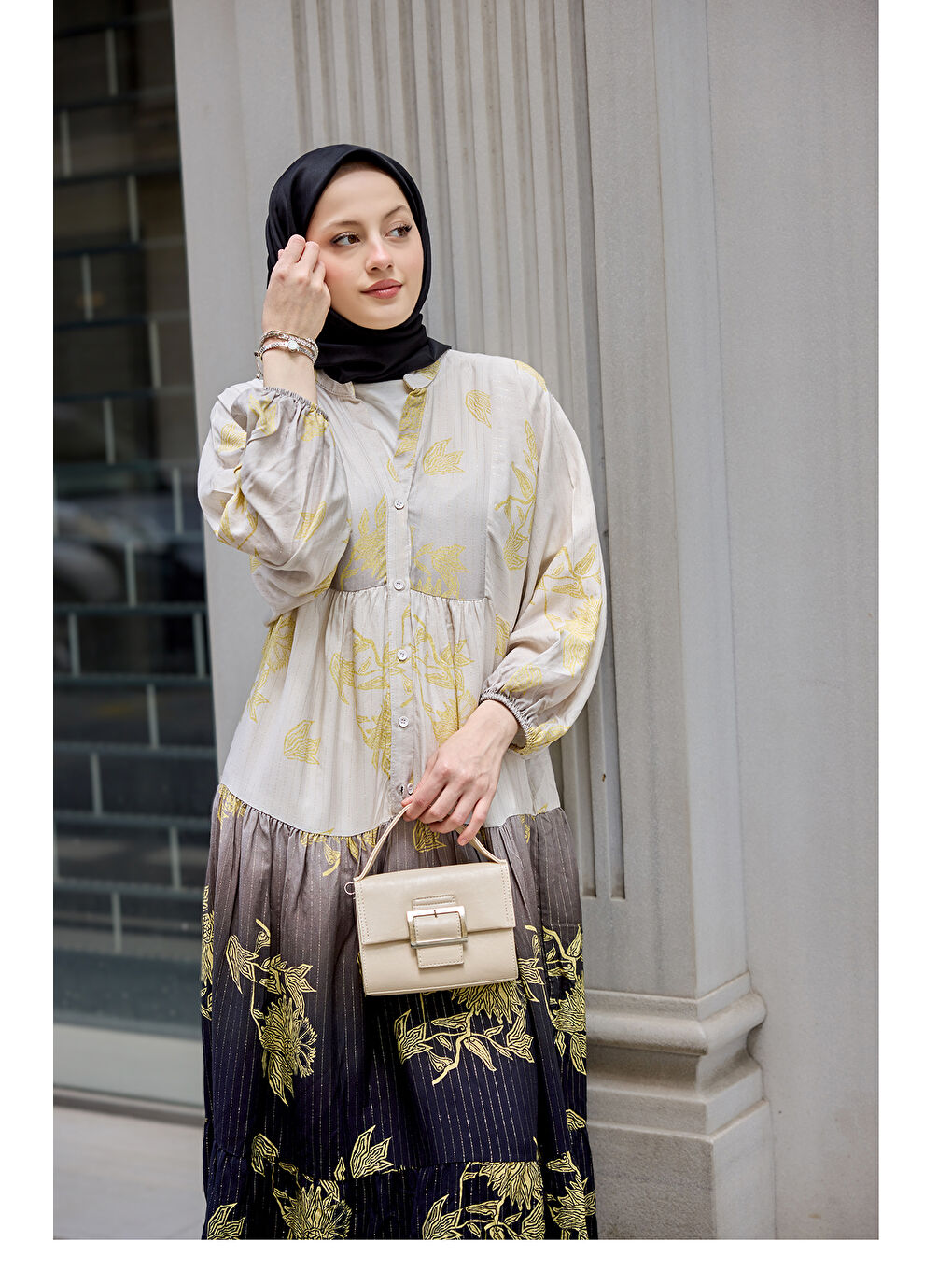 Kadın Yaldız Yaprak Desenli Elbise Siyah-2