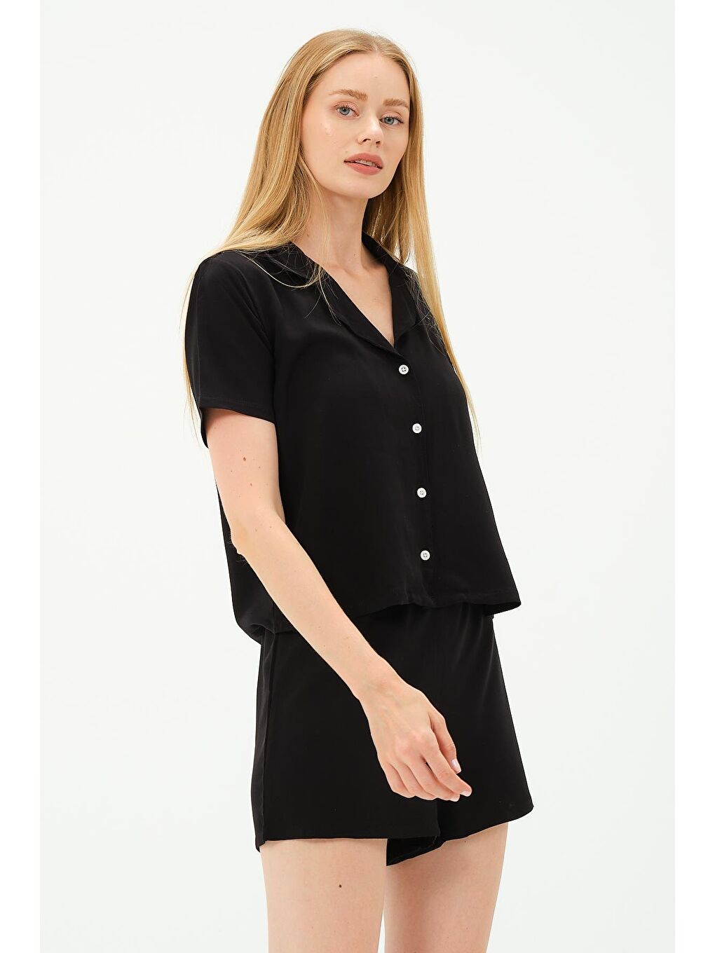 Viskon Gömlek Şort Takım 9156 Siyah-1