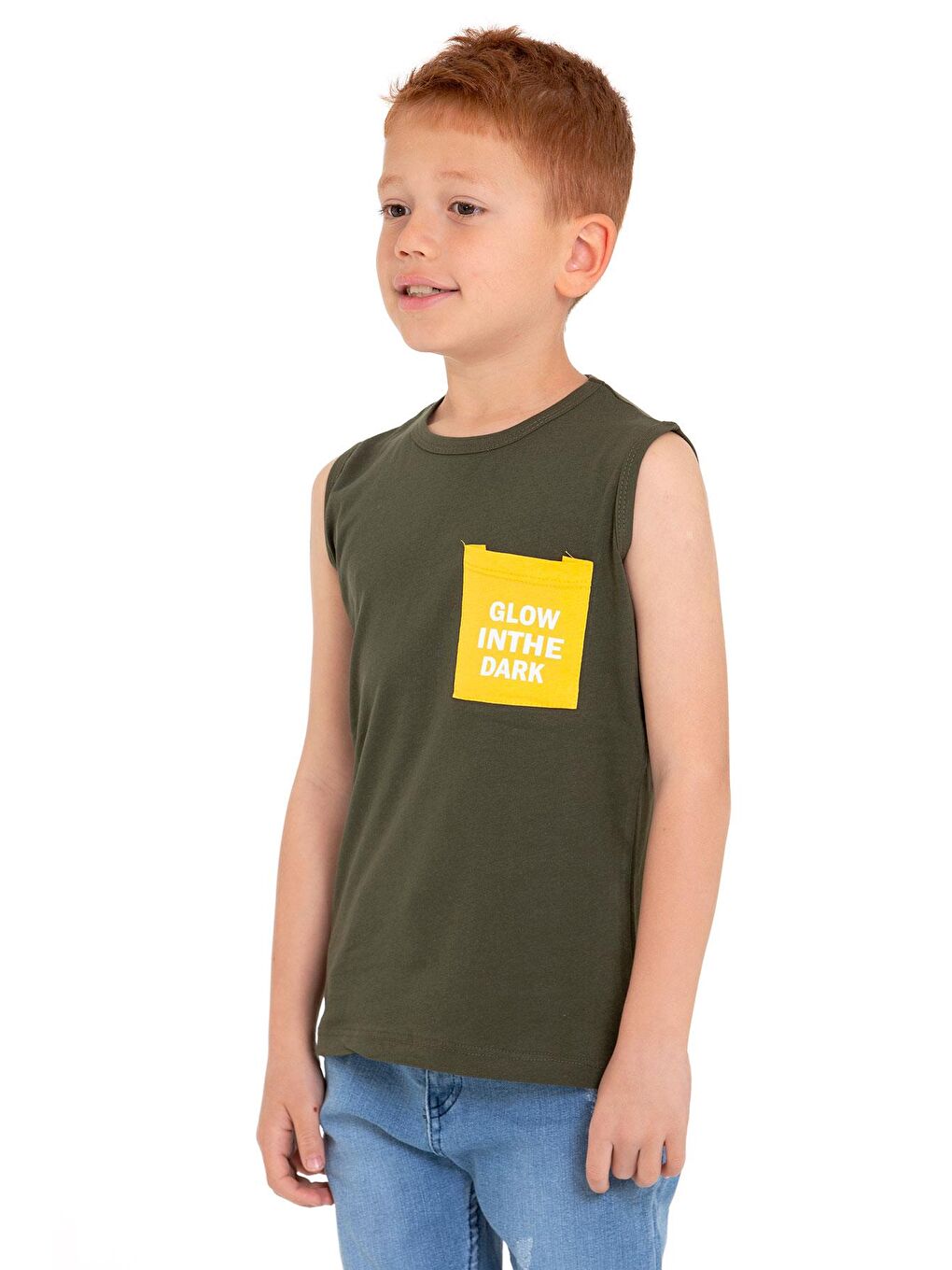 Sıfır Kol Baskılı Haki Renk Erkek Çocuk Tshirt-3