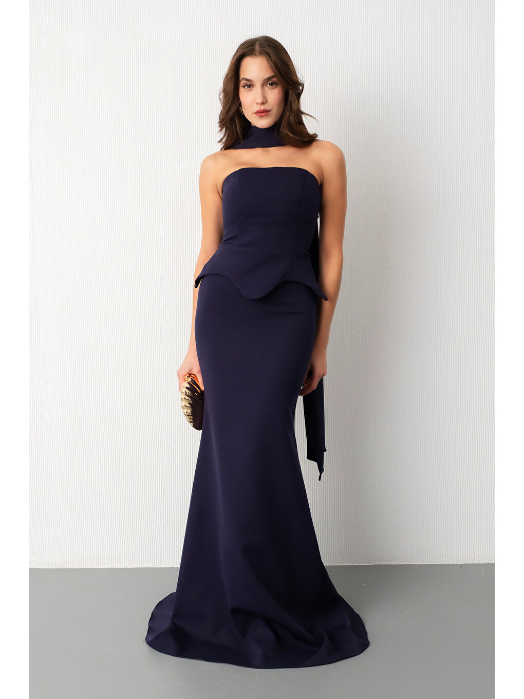 Kadın Lacivert Şal Yaka Straplez Söz Nişan Balık Abiye Elbise-1