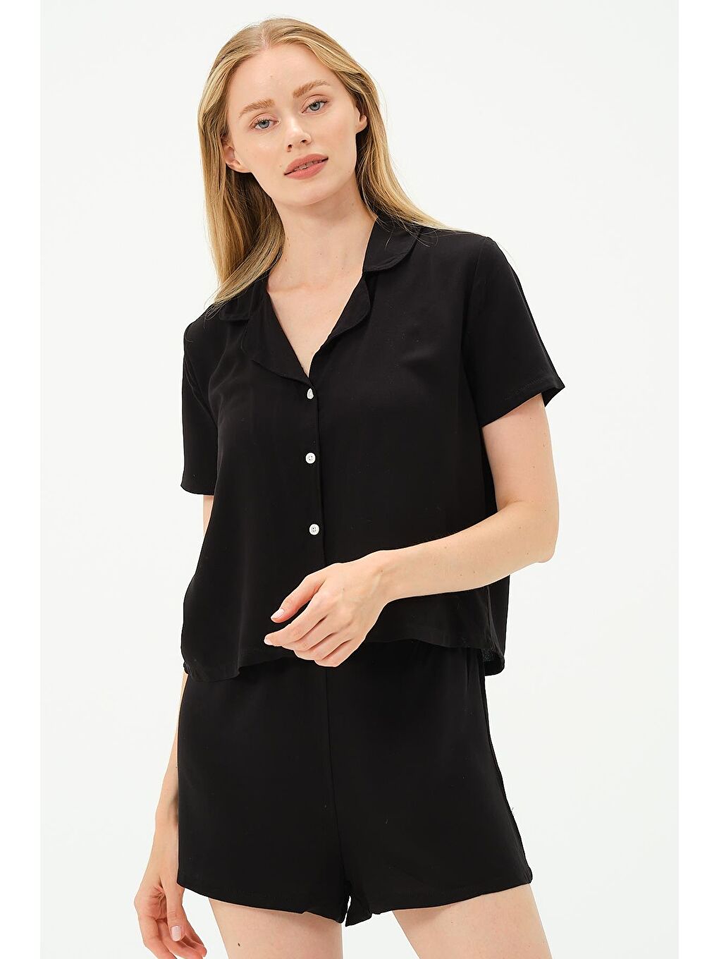 Viskon Gömlek Şort Takım 9156 Siyah-2