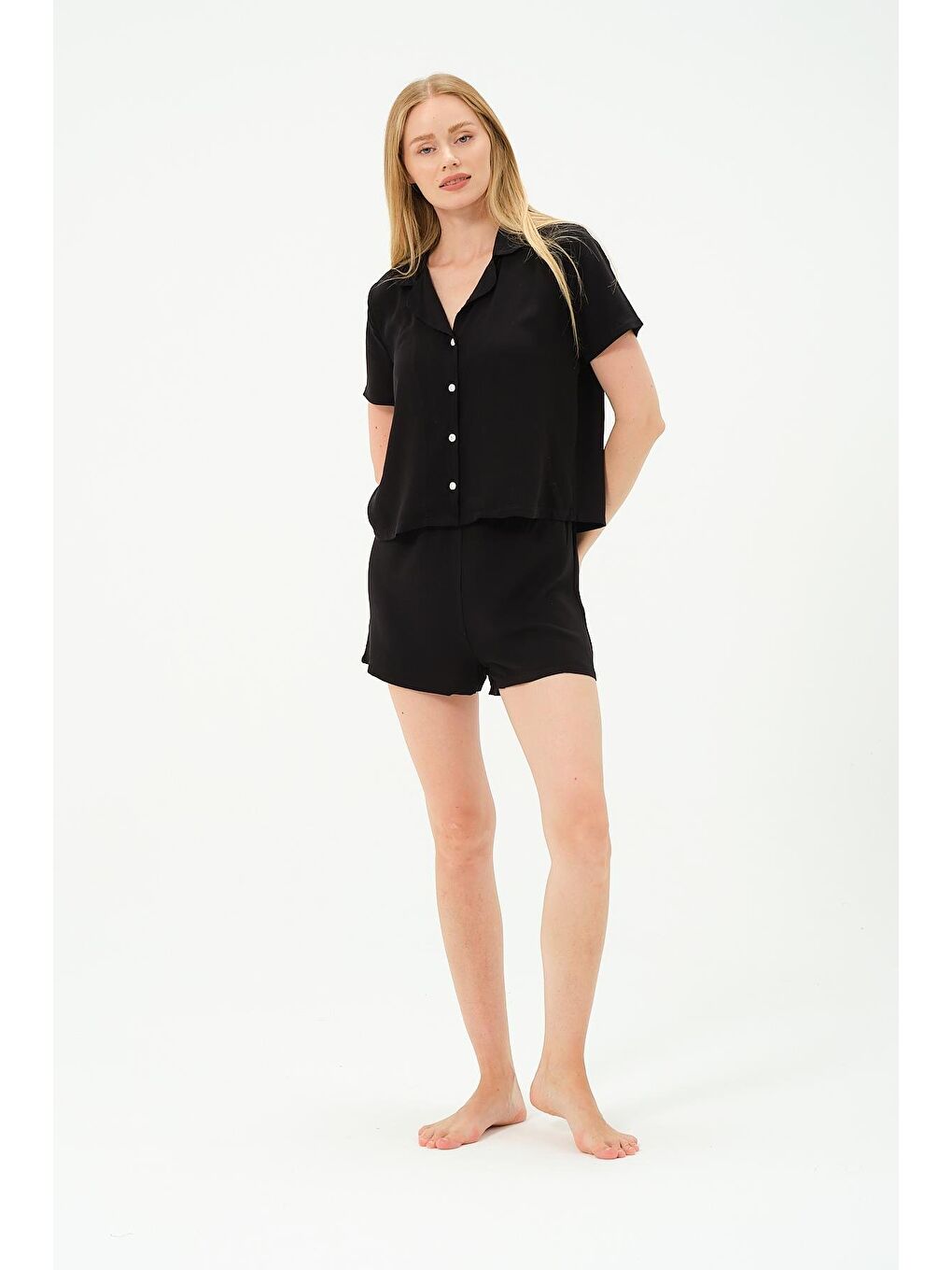 Viskon Gömlek Şort Takım 9156 Siyah-4