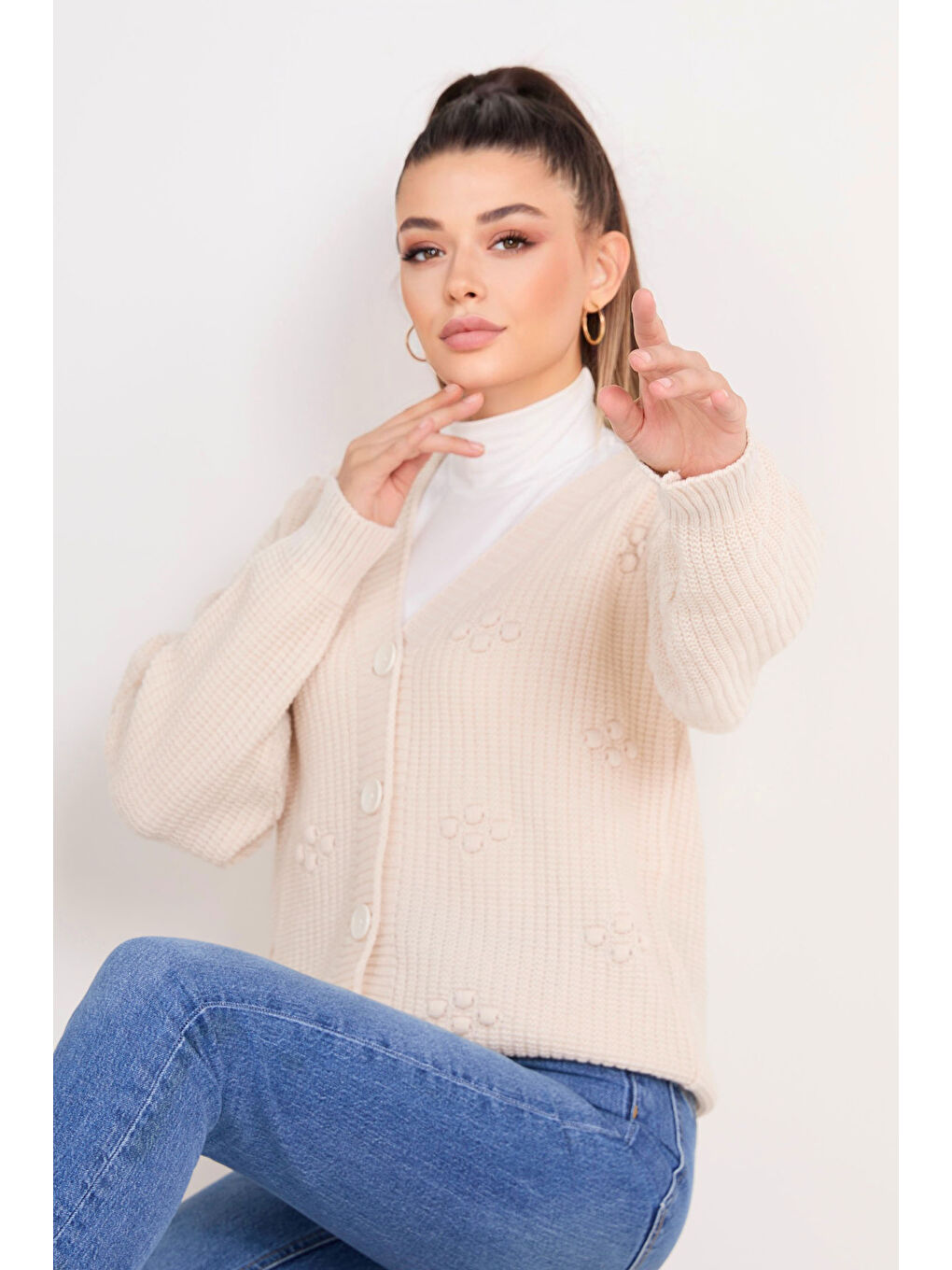 Ekru Düğmeli Triko Hırka Krem - 27661-4