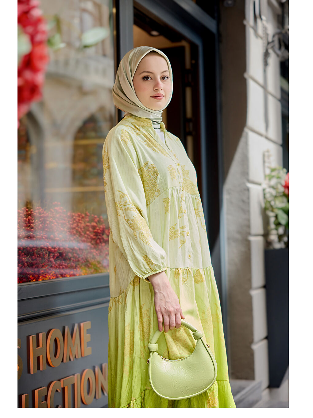 Kadın Yaldız Yaprak Desenli Elbise Fıstık Yeşil-3