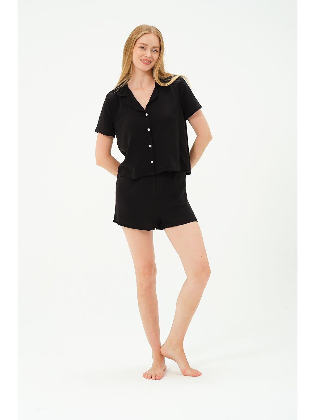 Viskon Gömlek Şort Takım 9156 Siyah-5
