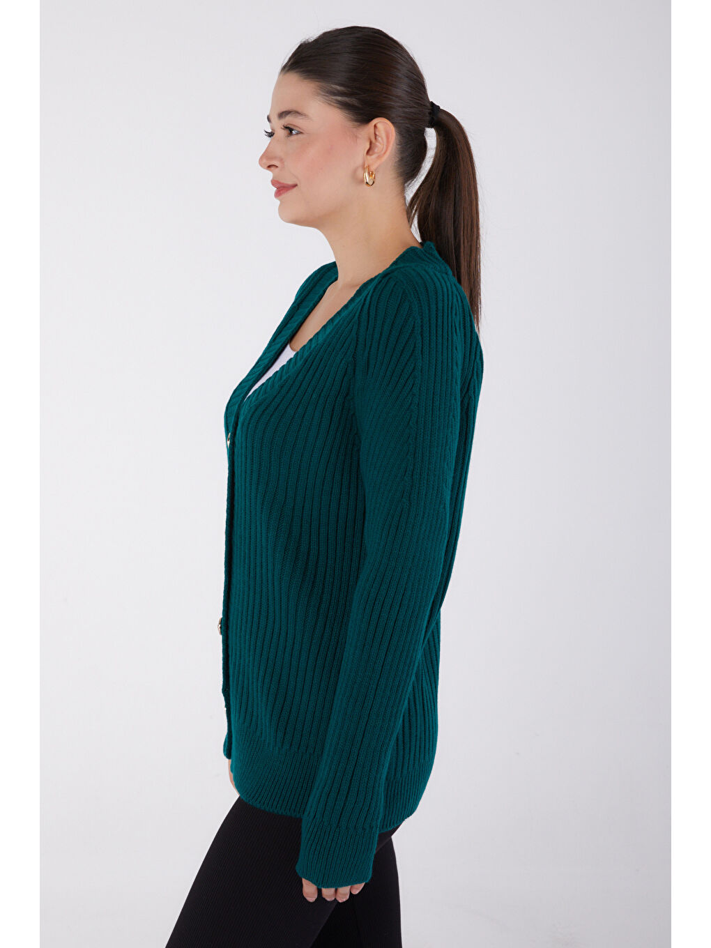 Yeşil Düğmeli Fitilli Triko Hırka Zumrut - 27665-3