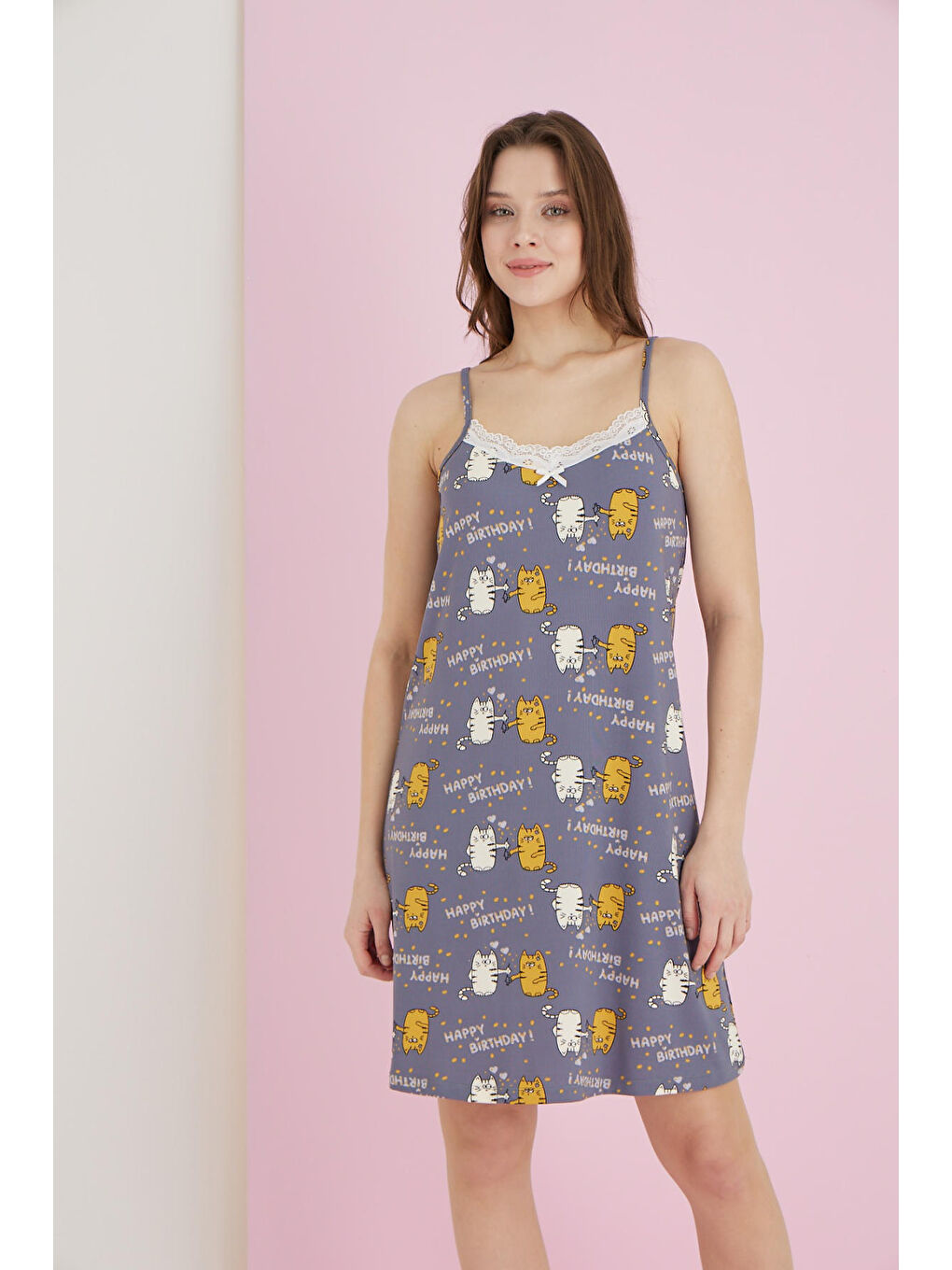 Gri Bamboo İp Askılı Gecelik 7056-10