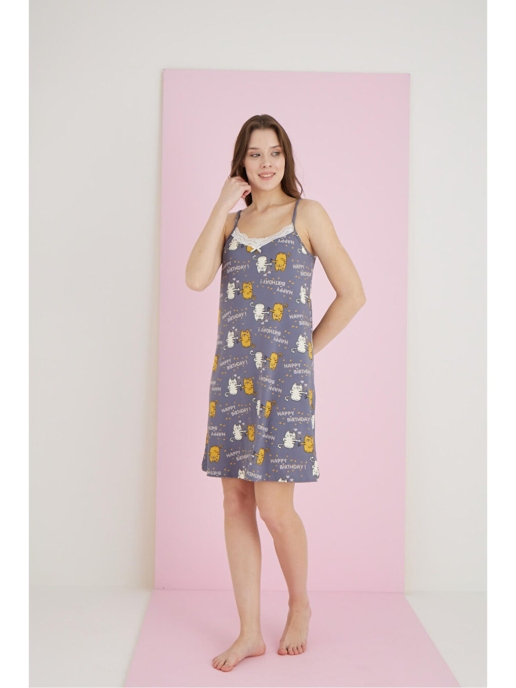 Gri Bamboo İp Askılı Gecelik 7056-10-1