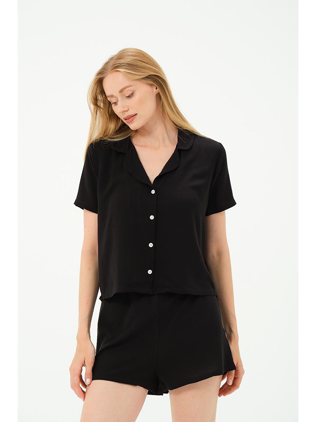 Viskon Gömlek Şort Takım 9156 Siyah-6