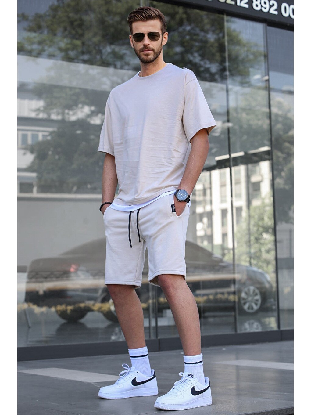 Bej Oversize Erkek Şort Takımı 5668-1
