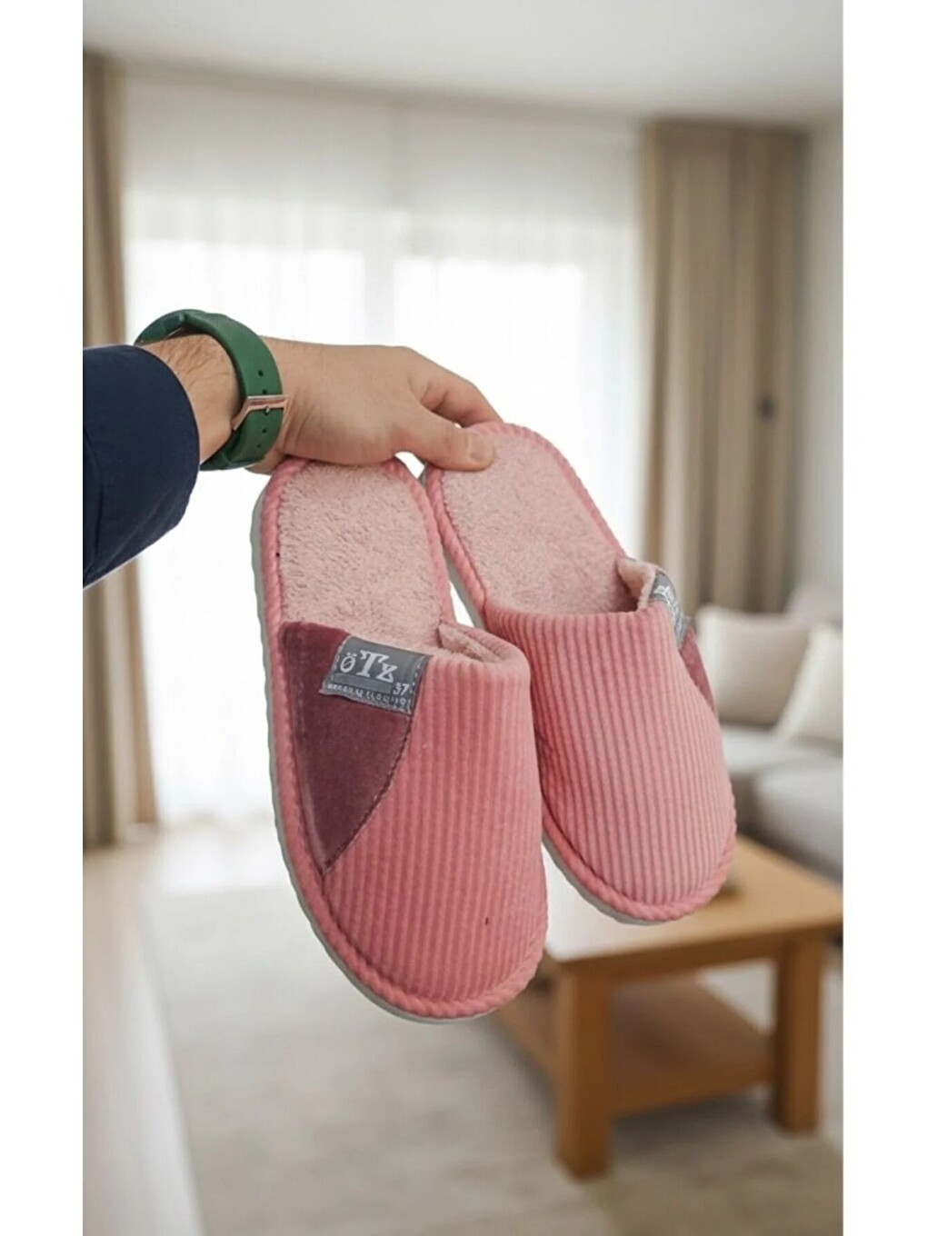 Pembe Unisex Ev Terliği Kaymaz Tabanlı Ribana Kumaş Konforlu Model Ve Konforlu Ev İçi Terlik Yarı Der-1