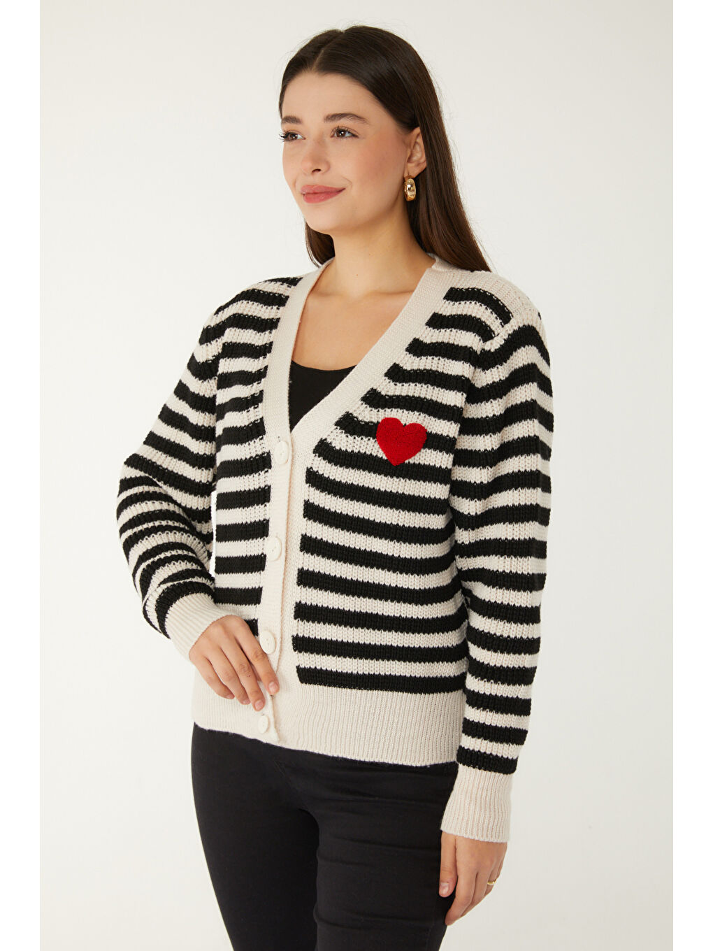 Çizgili Kalpli Triko Hırka Ekru - 27637-4