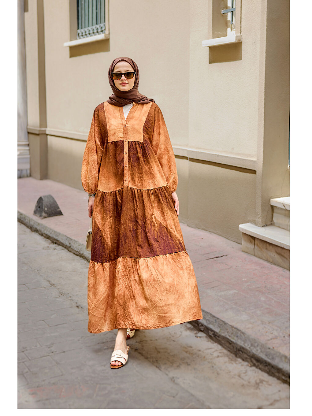 Kadın Tonsürton Desen Elbise Kahverengi